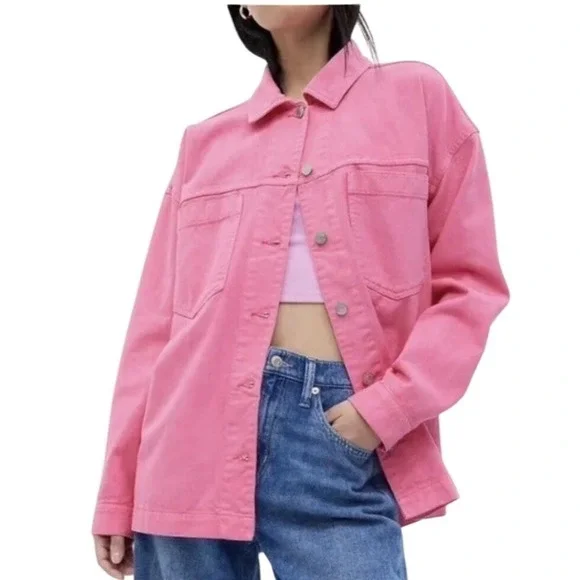 Y2K GAP Denim Jacket Pink Utility Button Oversized Trucker Cargo Streetwear XS - Picture 14 of 15